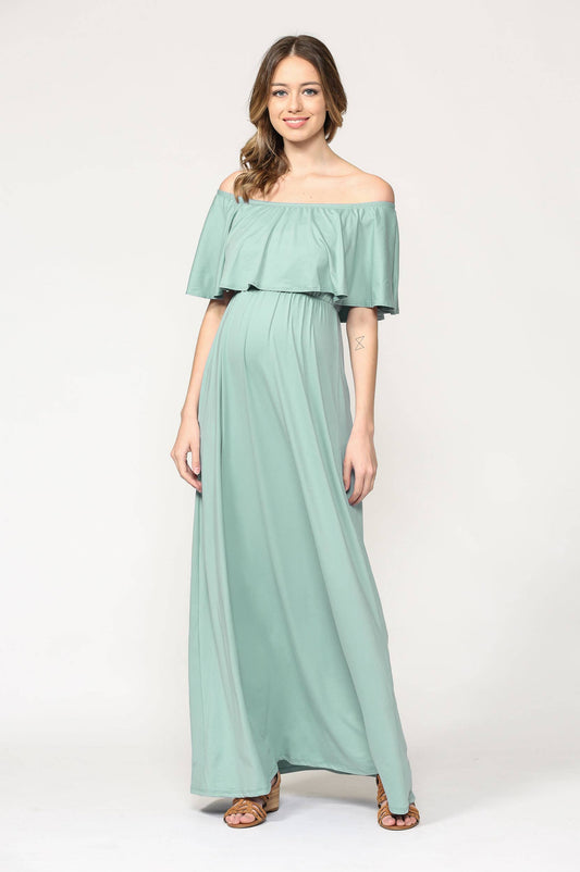 Solid Off Shoulder Maternity Ruffle Maxi Dress