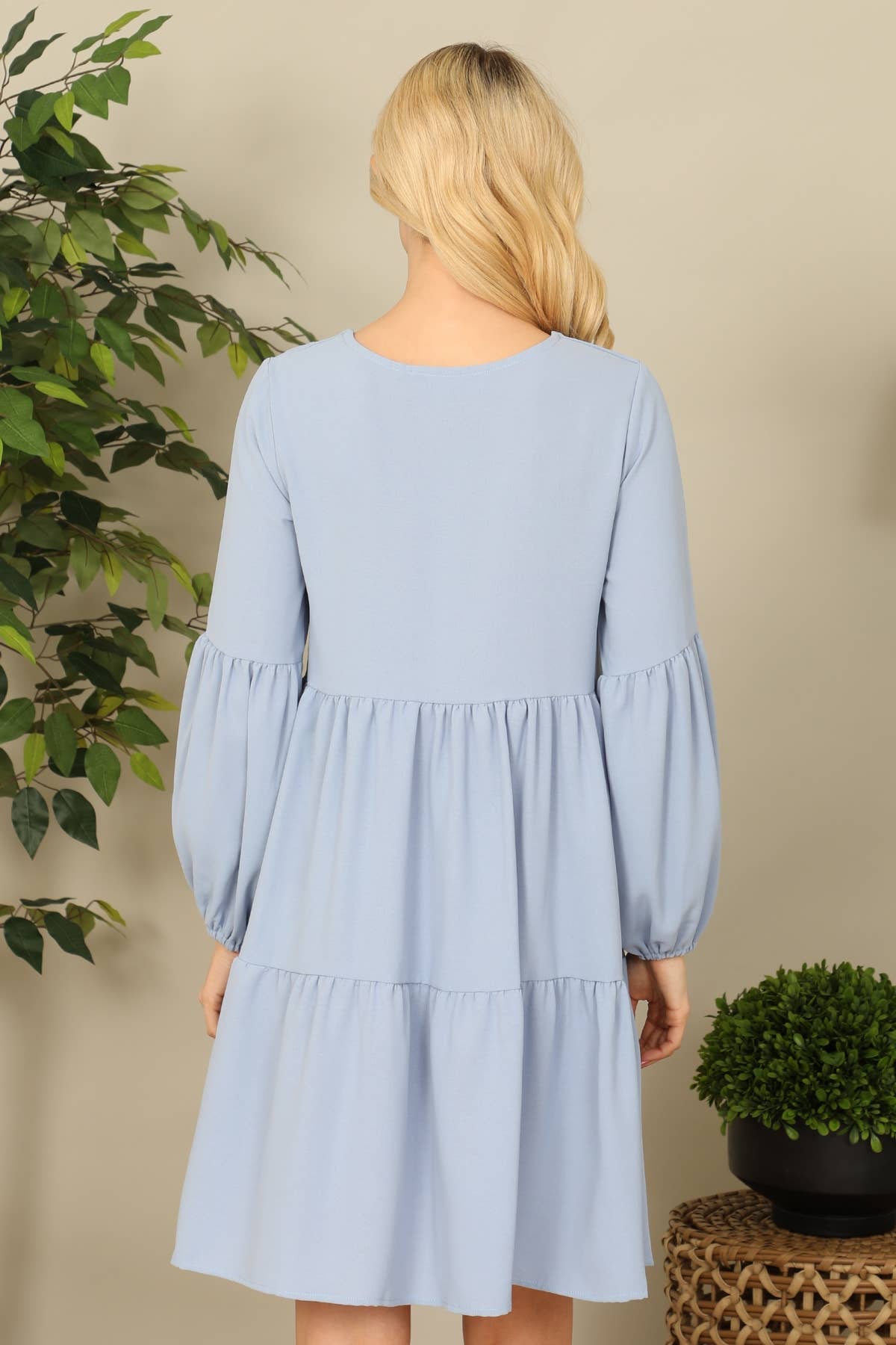 V-Neck Puff Long Sleeve Babydoll Tiered Solid Dress