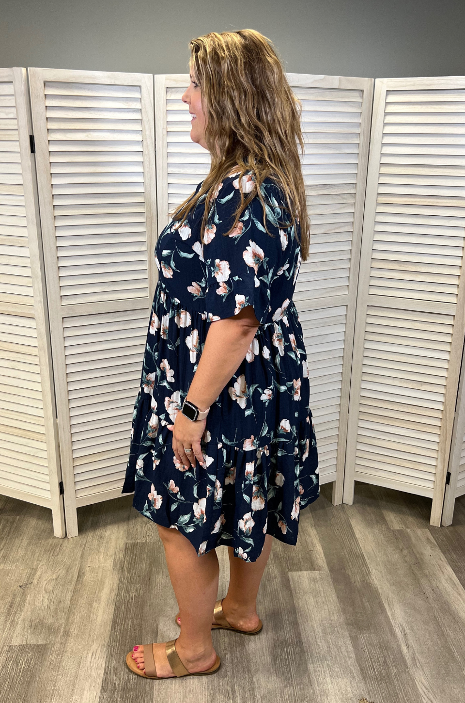 Floral Nursing Dress With Pockets -Bell Sleeve- Navy Floral