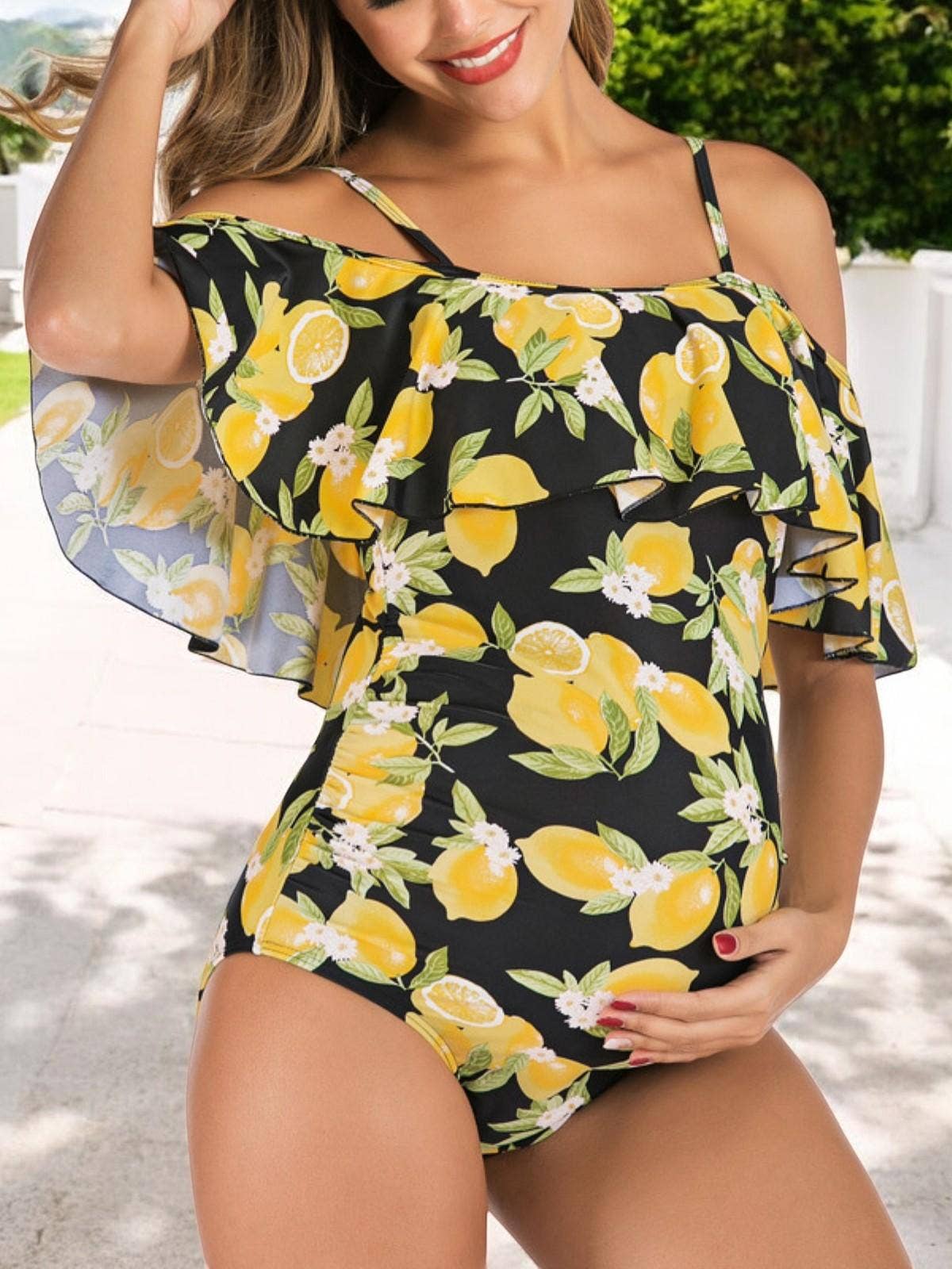 Off Shoulder Lemon Print Maternity Swimsuit