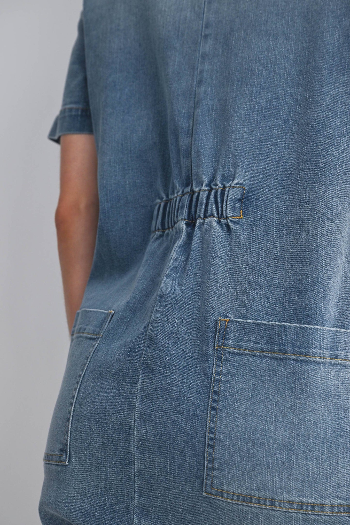 Button Front Maternity Denim Romper with Collar