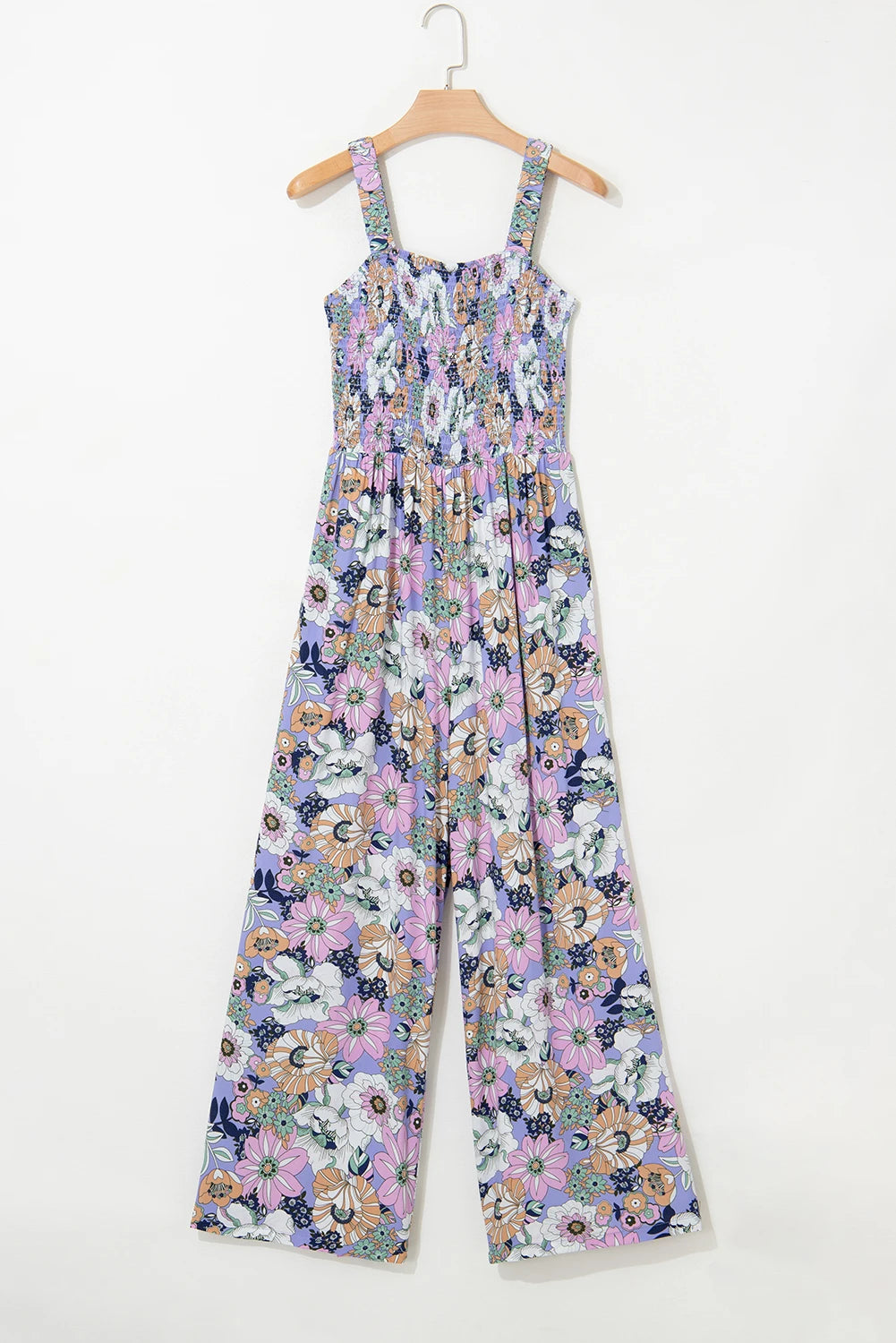Purple Floral Smocked Square Neck Jumpsuit