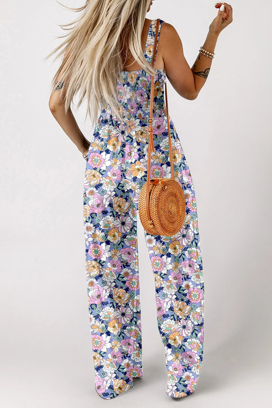 Purple Floral Smocked Square Neck Jumpsuit
